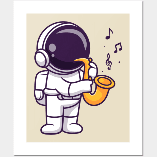 Cute Astronaut Playing Saxophone Music Cartoon Posters and Art
